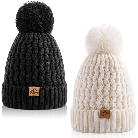 Kids Winter Warm Hats, Child Pom Pom Beanie Knit Cap for Girls Boys 3-9 Years Old-2 Pack