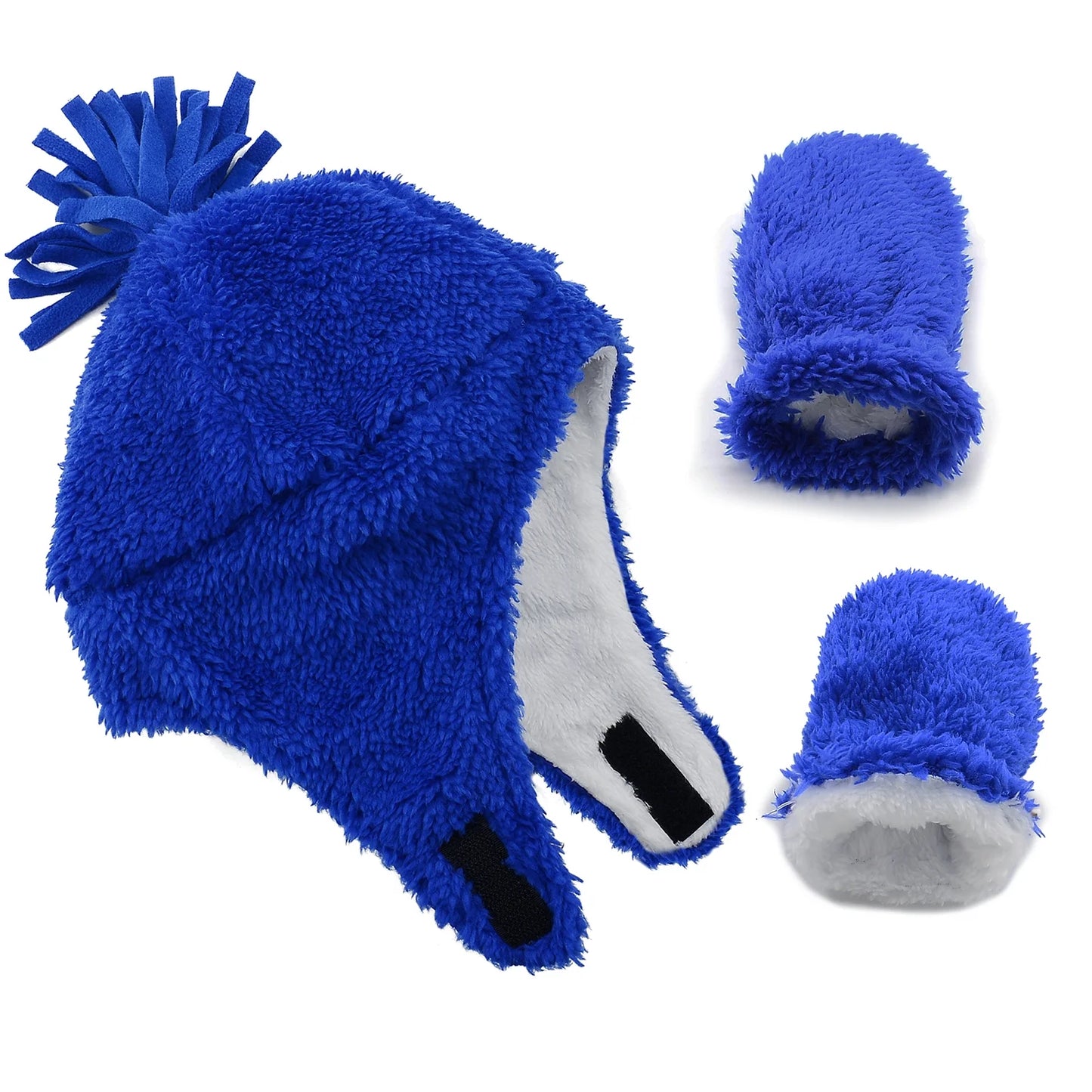 2Pcs Girls Boys Hat and Glove Set Fleece Beanie with Earflap Warm Sherpa Caps Kids Gloves Fuzzy Blue XL