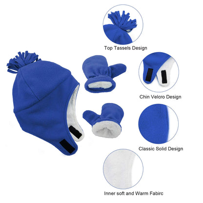 2Pcs Girls Boys Hat and Glove Set Fleece Beanie with Earflap Warm Sherpa Caps Kids Gloves Fuzzy Blue XL