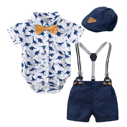 Summer Toddler Boys Dinosaur Printed Clothes Suit with Handsome Hat Bow for Baby Kids Fashion Short-Sleeved Newborn Romper Set