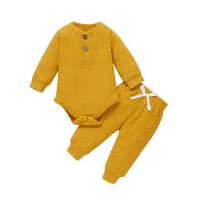 Solid Color Newborn Baby Knitted Warm 2Pcs Suit Toddler Girl Boy Long Sleeve Romper Tops Pants Fall Winter Homewear 2021