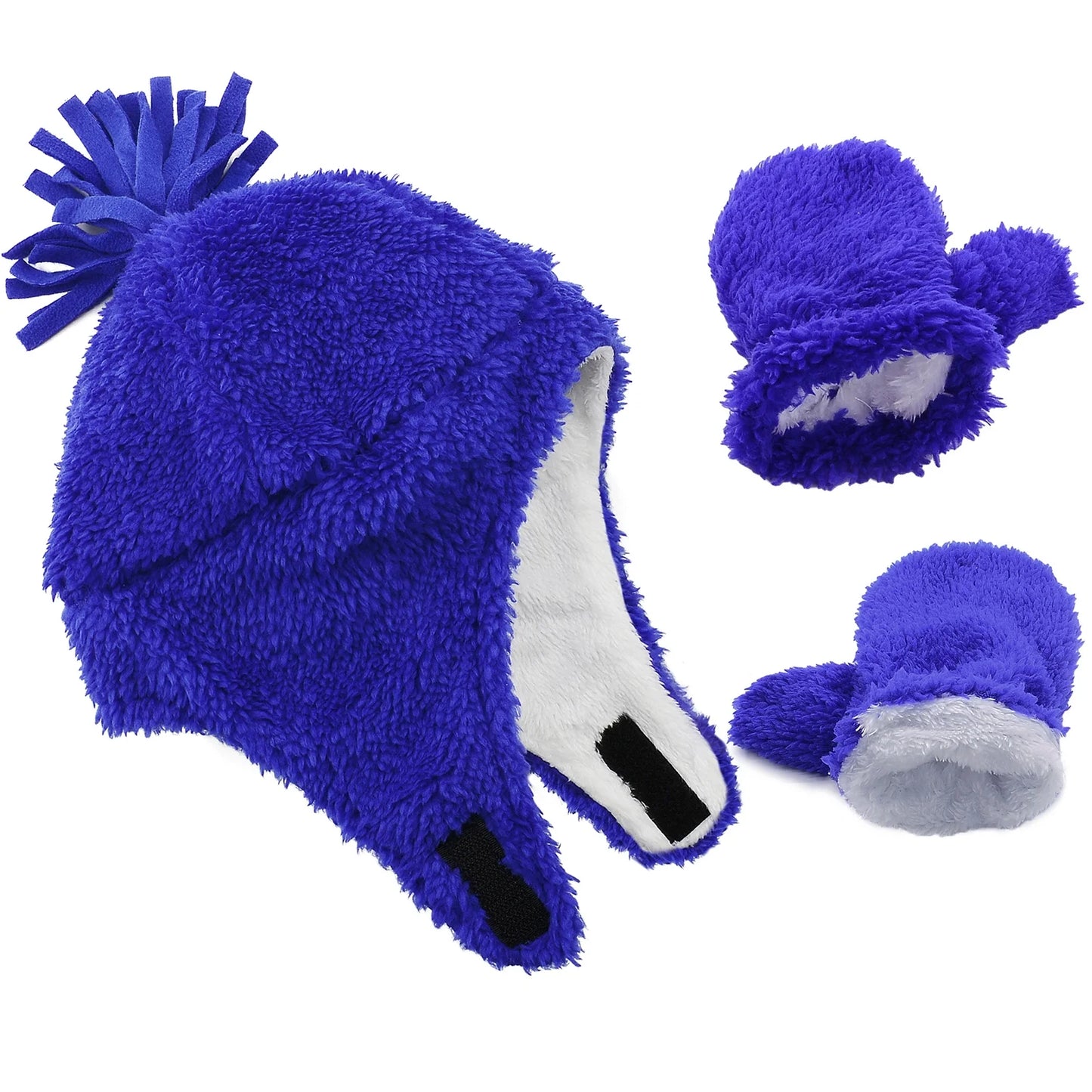 2Pcs Girls Boys Hat and Glove Set Fleece Beanie with Earflap Warm Sherpa Caps Kids Gloves Fuzzy Blue XL