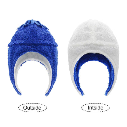 2Pcs Girls Boys Hat and Glove Set Fleece Beanie with Earflap Warm Sherpa Caps Kids Gloves Fuzzy Blue XL